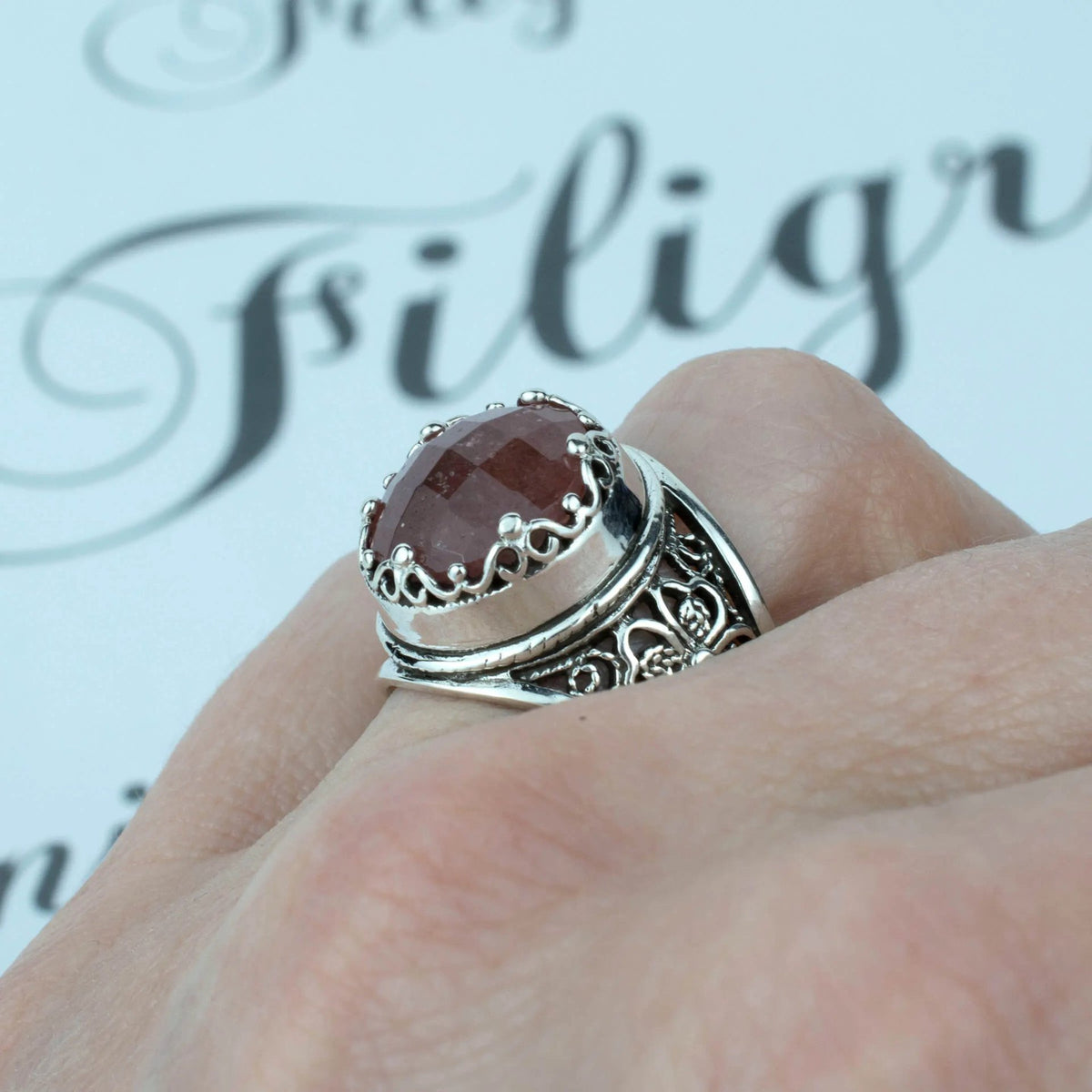 Filigree Art Cherry Quartz Gemstone Women Crown Silver Statement Ring - Drakoi Marketplace