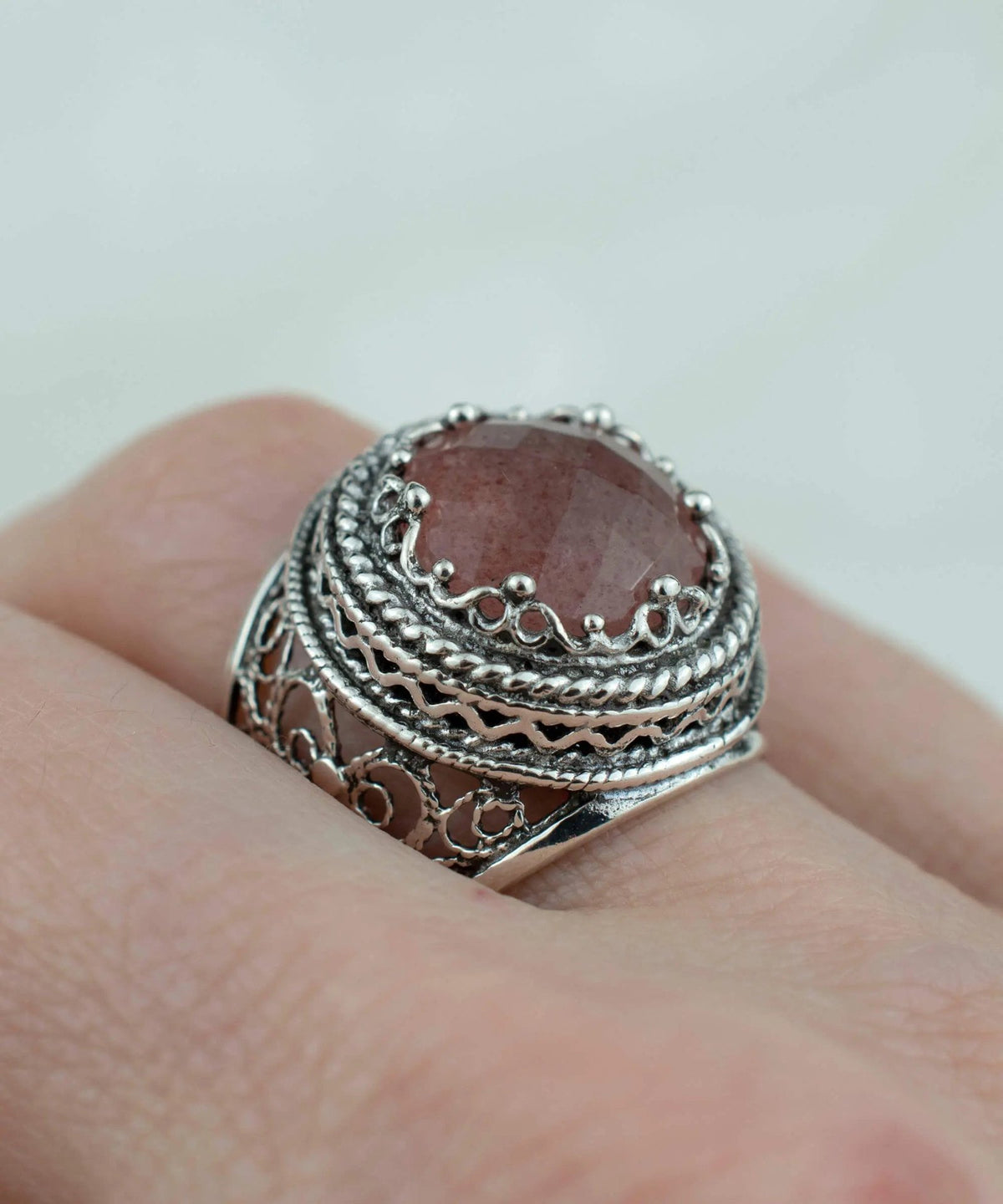 Filigree Art Cherry Quartz Gemstone Women Silver Bold Ring - Drakoi Marketplace