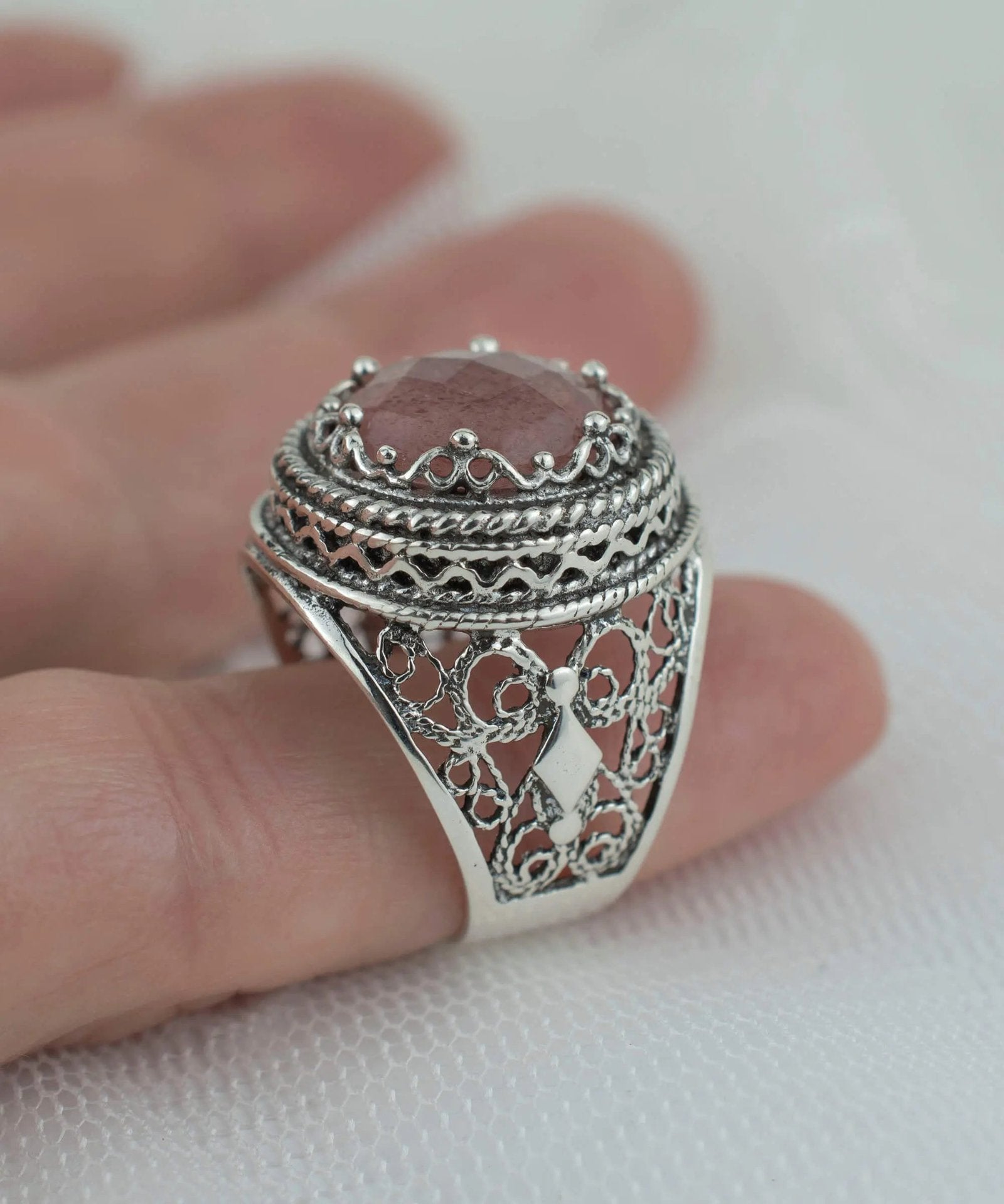 Filigree Art Cherry Quartz Gemstone Women Silver Bold Ring - Drakoi Marketplace