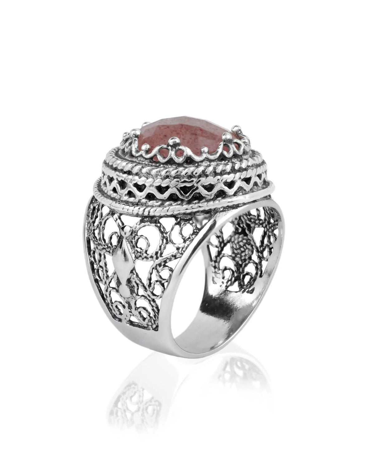 Filigree Art Cherry Quartz Gemstone Women Silver Bold Ring - Drakoi Marketplace