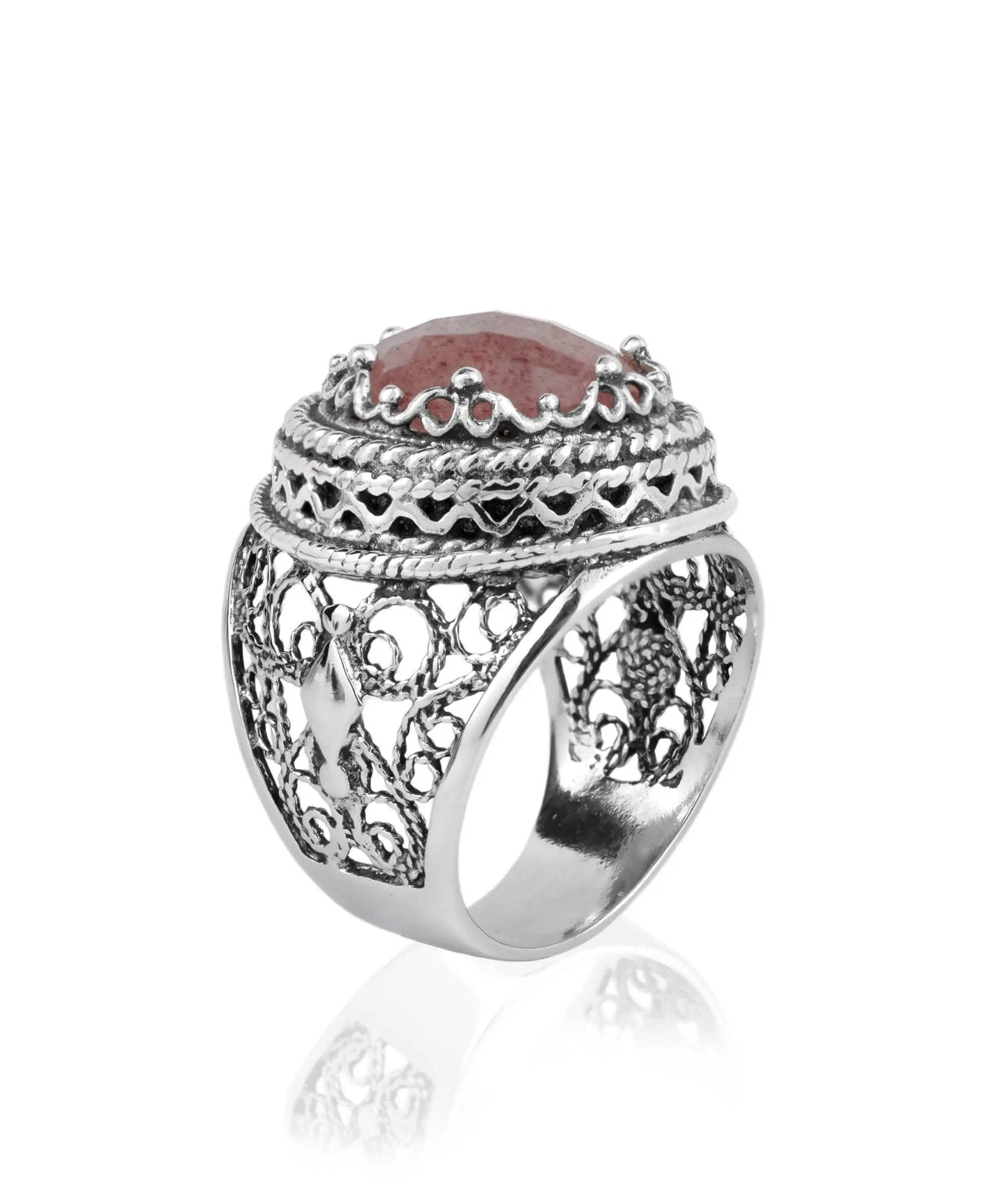 Filigree Art Cherry Quartz Gemstone Women Silver Bold Ring - Drakoi Marketplace