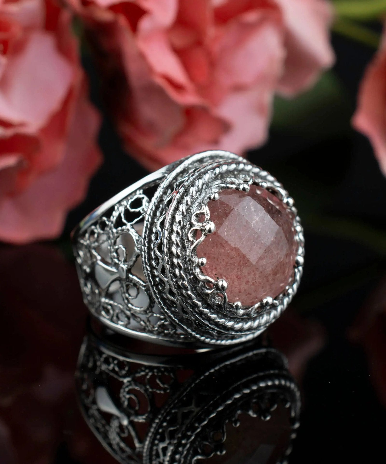 Filigree Art Cherry Quartz Gemstone Women Silver Bold Ring - Drakoi Marketplace