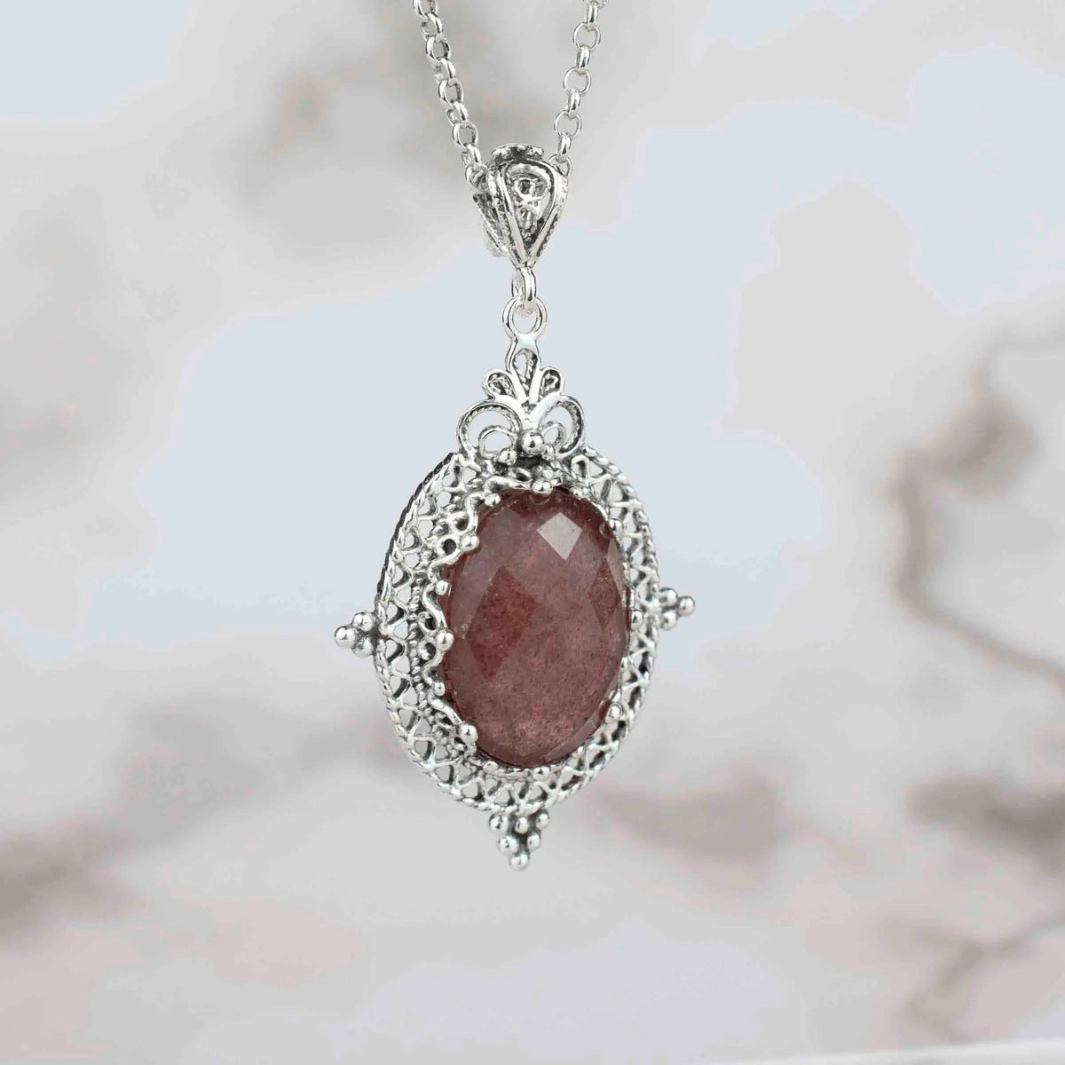 Filigree Art Cherry Quartz Gemstone Women Silver Oval Pendant Necklace - Drakoi Marketplace