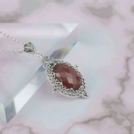 Filigree Art Cherry Quartz Gemstone Women Silver Oval Pendant Necklace - Drakoi Marketplace