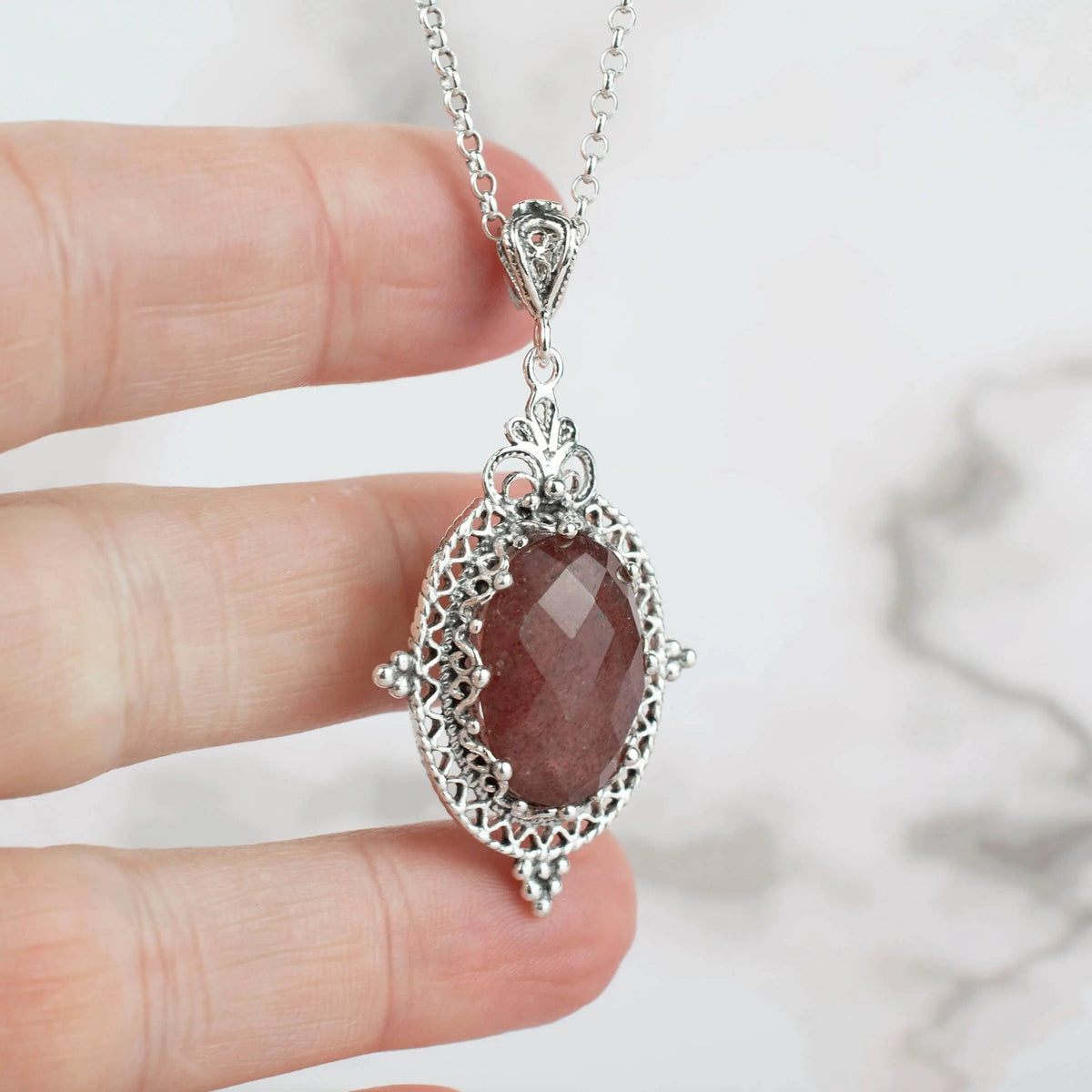 Filigree Art Cherry Quartz Gemstone Women Silver Oval Pendant Necklace - Drakoi Marketplace