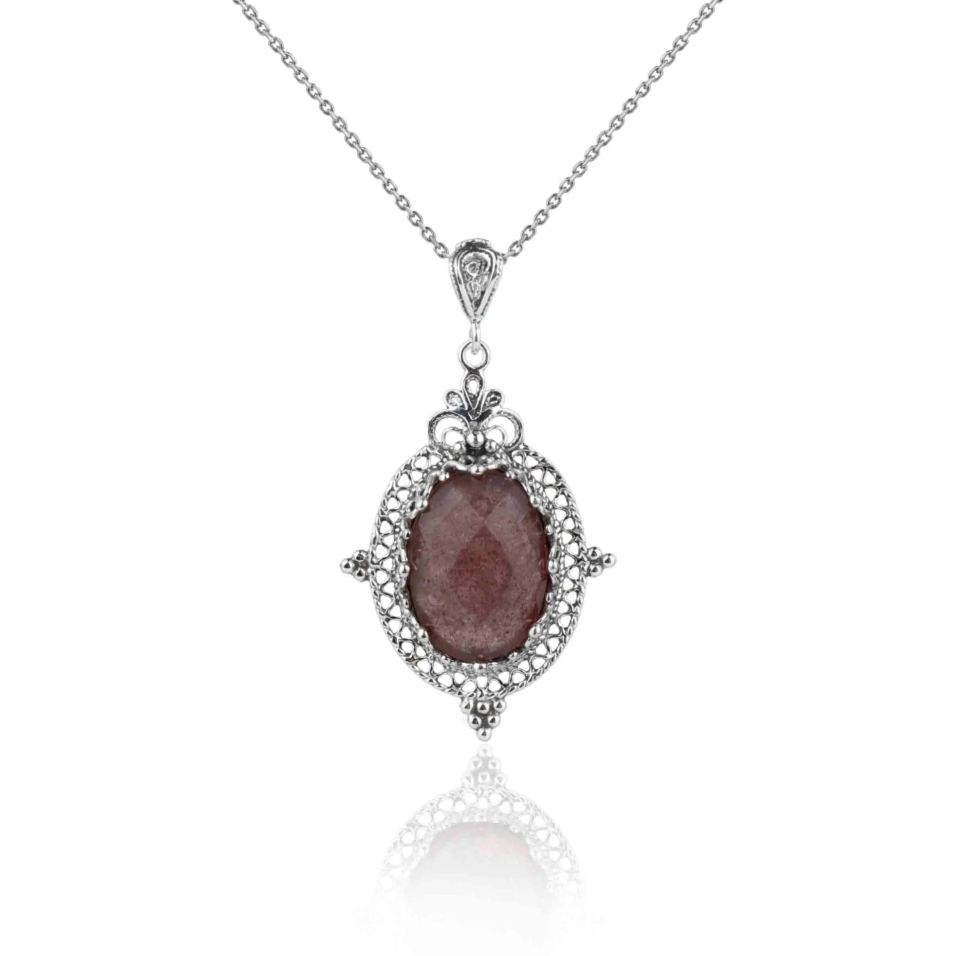 Filigree Art Cherry Quartz Gemstone Women Silver Oval Pendant Necklace - Drakoi Marketplace