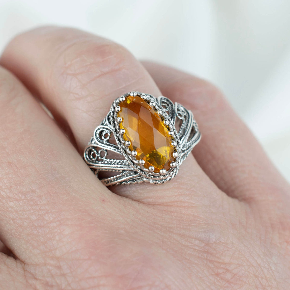 Filigree Art Citrine Gemstone Angel Design Women Silver Cocktail Ring - Drakoi Marketplace