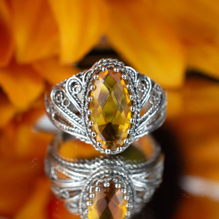 Filigree Art Citrine Gemstone Angel Design Women Silver Cocktail Ring - Drakoi Marketplace