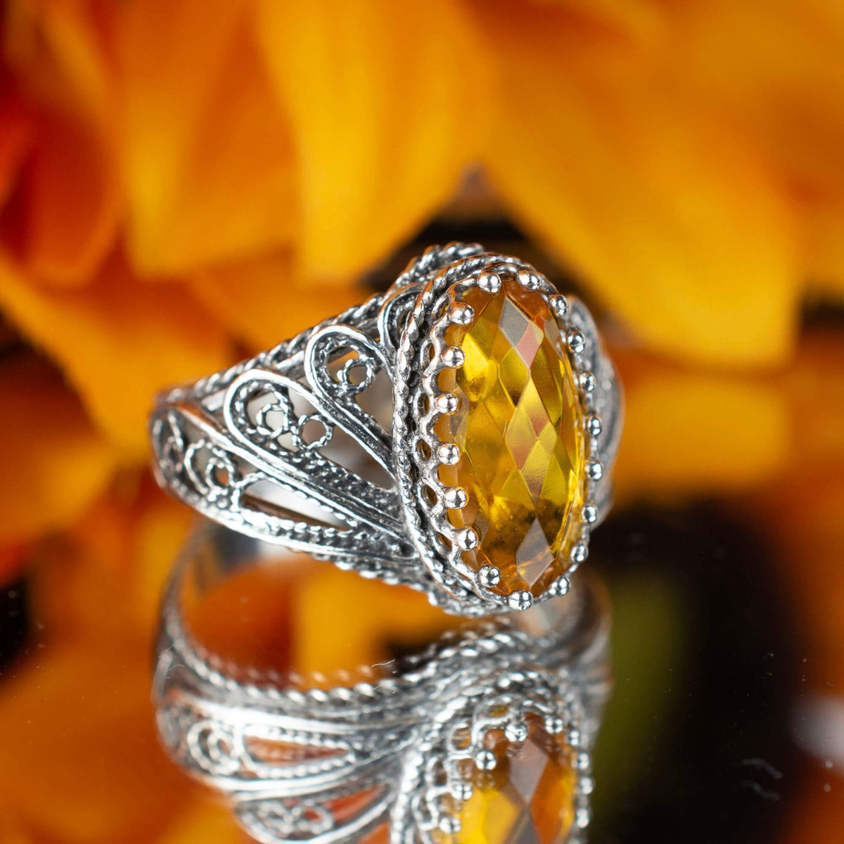 Filigree Art Citrine Gemstone Angel Design Women Silver Cocktail Ring - Drakoi Marketplace