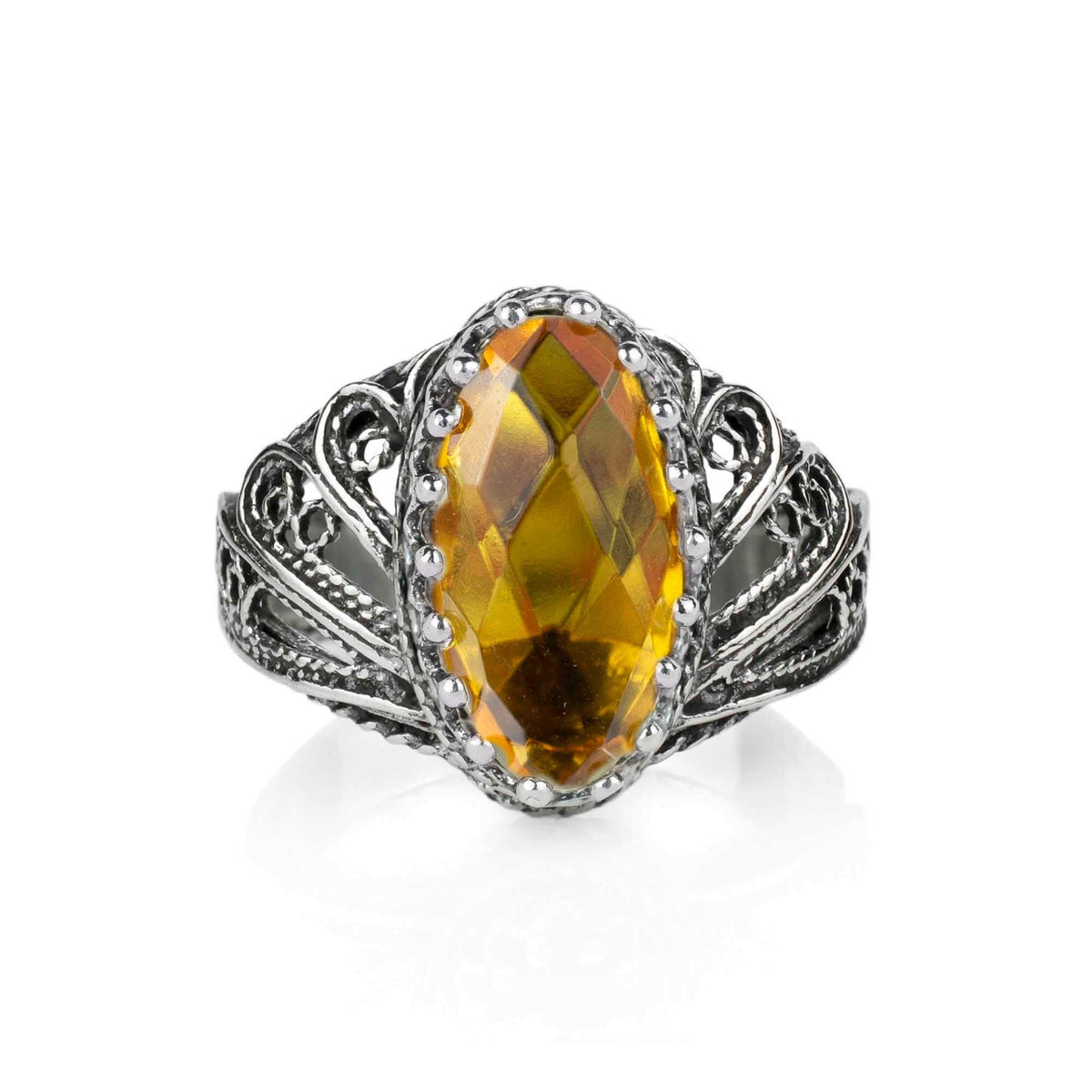 Filigree Art Citrine Gemstone Angel Design Women Silver Cocktail Ring - Drakoi Marketplace