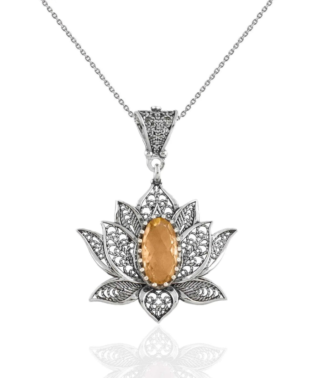 Filigree Art Citrine Gemstone Blossoming Lotus Flower Women Silver Pendant Necklace - Drakoi Marketplace