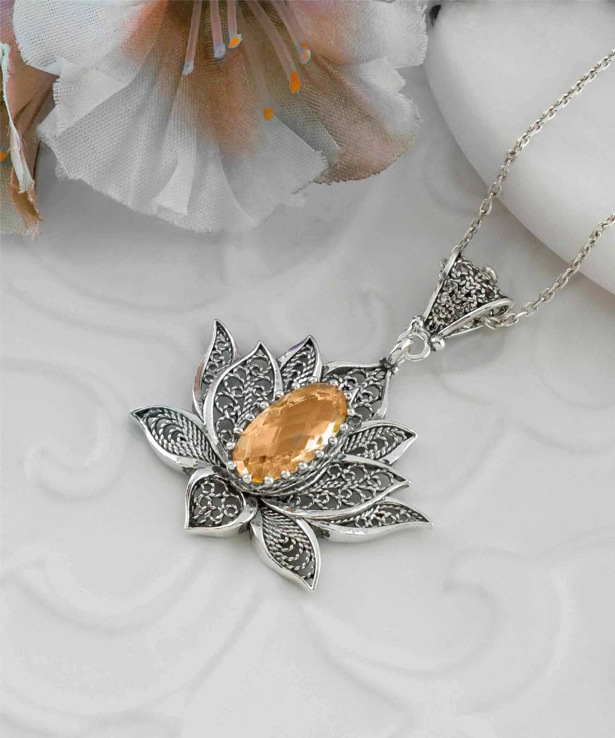 Filigree Art Citrine Gemstone Blossoming Lotus Flower Women Silver Pendant Necklace - Drakoi Marketplace