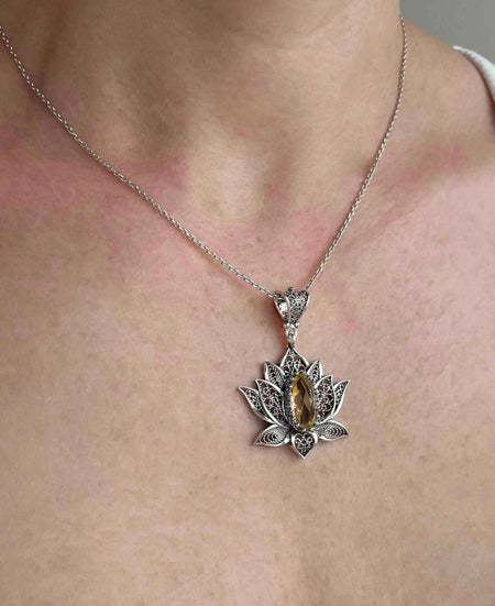 Filigree Art Citrine Gemstone Blossoming Lotus Flower Women Silver Pendant Necklace - Drakoi Marketplace