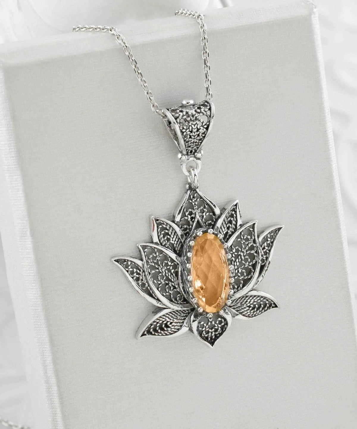 Filigree Art Citrine Gemstone Blossoming Lotus Flower Women Silver Pendant Necklace - Drakoi Marketplace