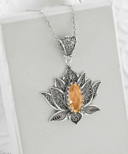 Filigree Art Citrine Gemstone Blossoming Lotus Flower Women Silver Pendant Necklace - Drakoi Marketplace