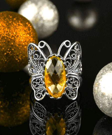 Filigree Art Citrine Gemstone Butterfly Design Women Silver Cocktail Ring - Drakoi Marketplace