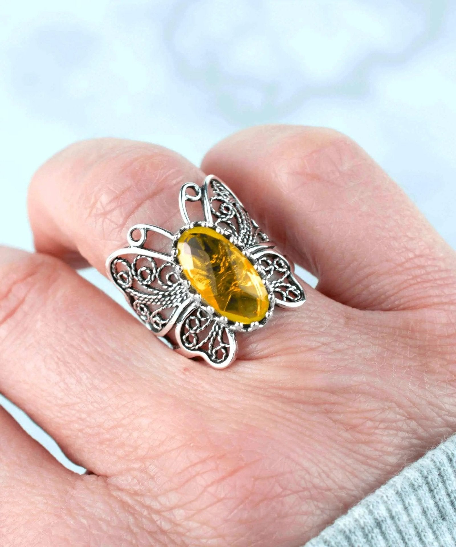 Filigree Art Citrine Gemstone Butterfly Design Women Silver Cocktail Ring - Drakoi Marketplace