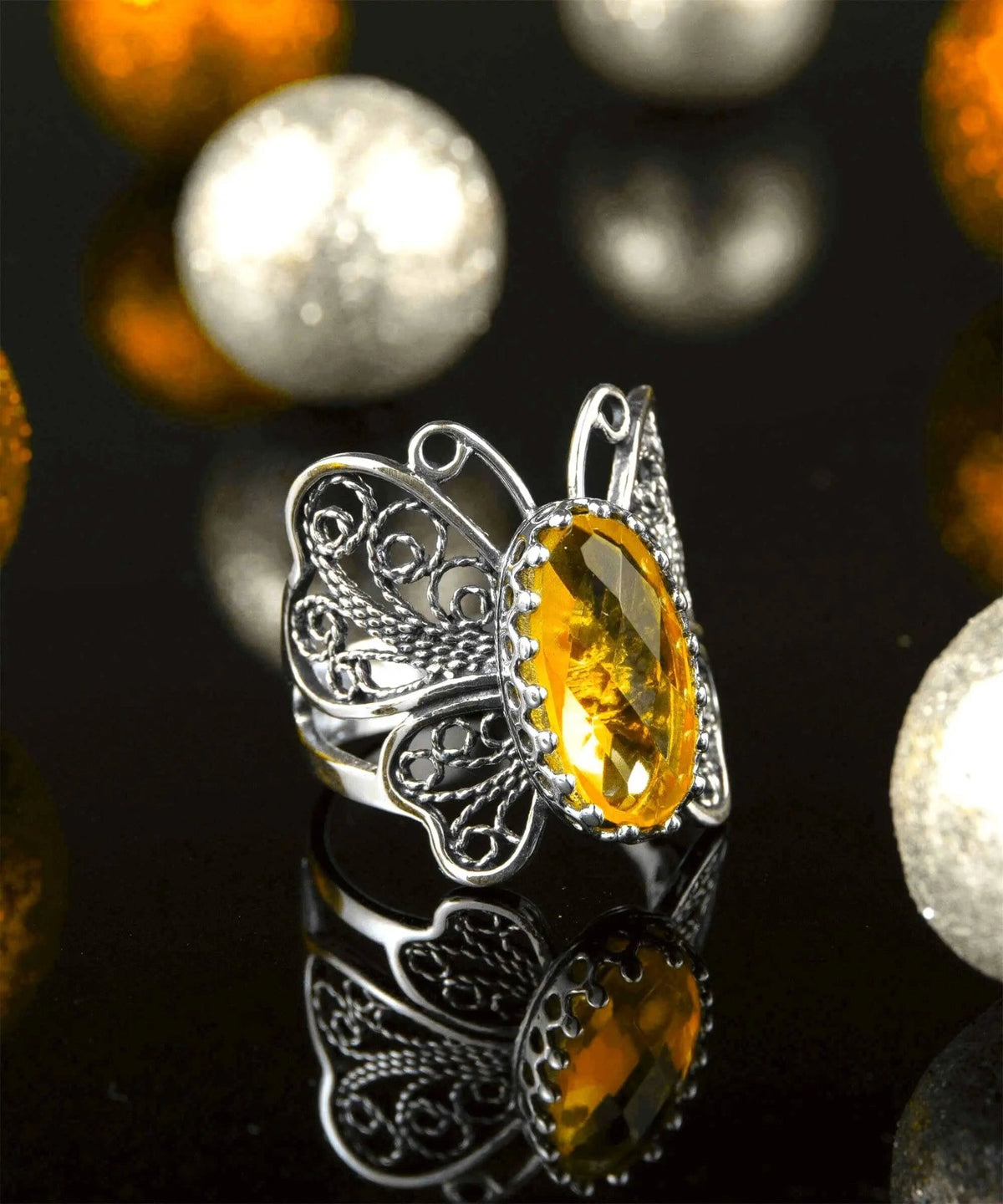 Filigree Art Citrine Gemstone Butterfly Design Women Silver Cocktail Ring - Drakoi Marketplace