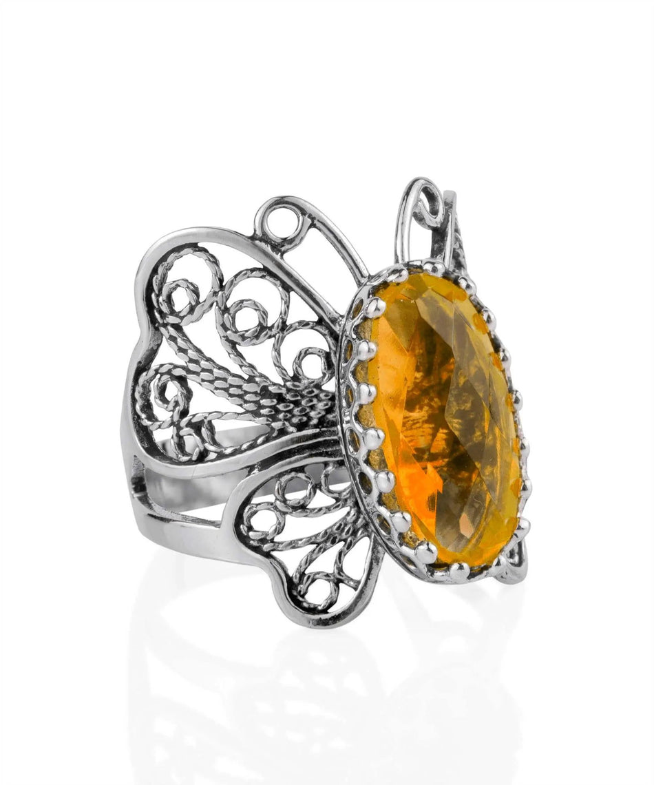 Filigree Art Citrine Gemstone Butterfly Design Women Silver Cocktail Ring - Drakoi Marketplace