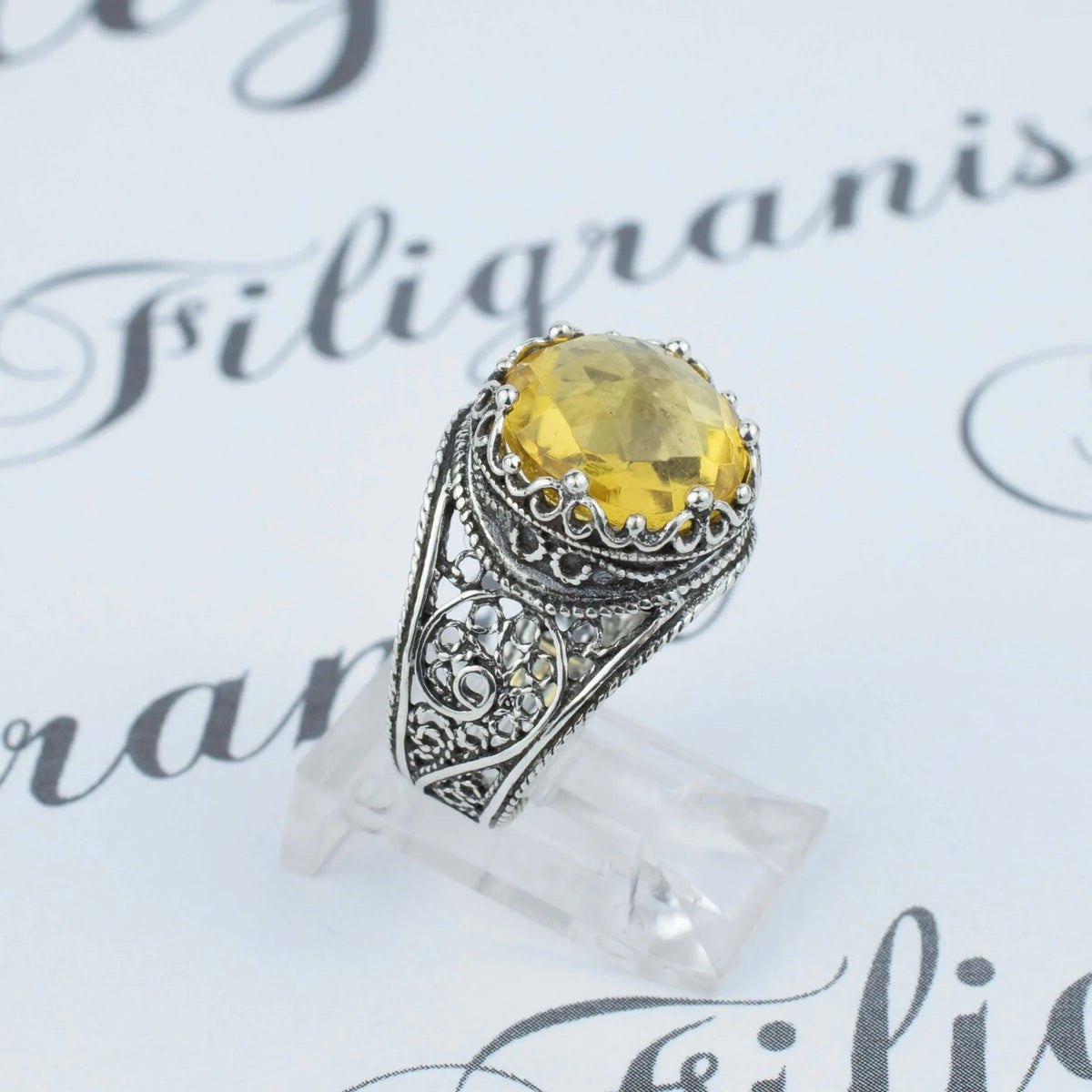 Filigree Art Citrine Gemstone Crown Design Women Silver Statement Ring - Drakoi Marketplace