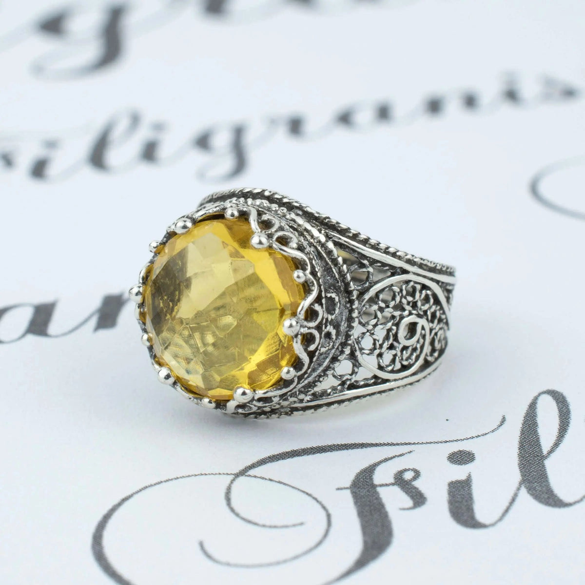 Filigree Art Citrine Gemstone Crown Design Women Silver Statement Ring - Drakoi Marketplace