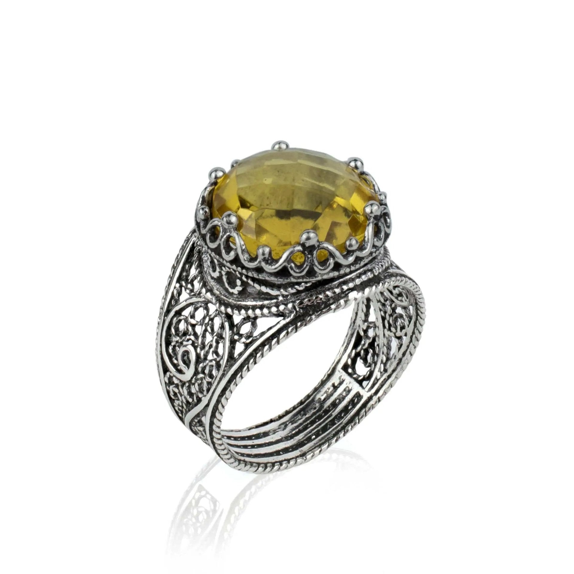 Filigree Art Citrine Gemstone Crown Design Women Silver Statement Ring - Drakoi Marketplace