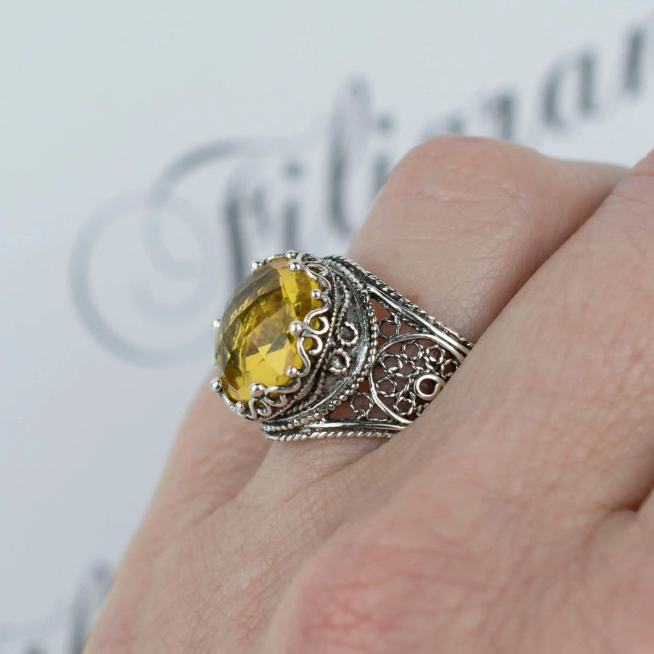 Filigree Art Citrine Gemstone Crown Design Women Silver Statement Ring - Drakoi Marketplace