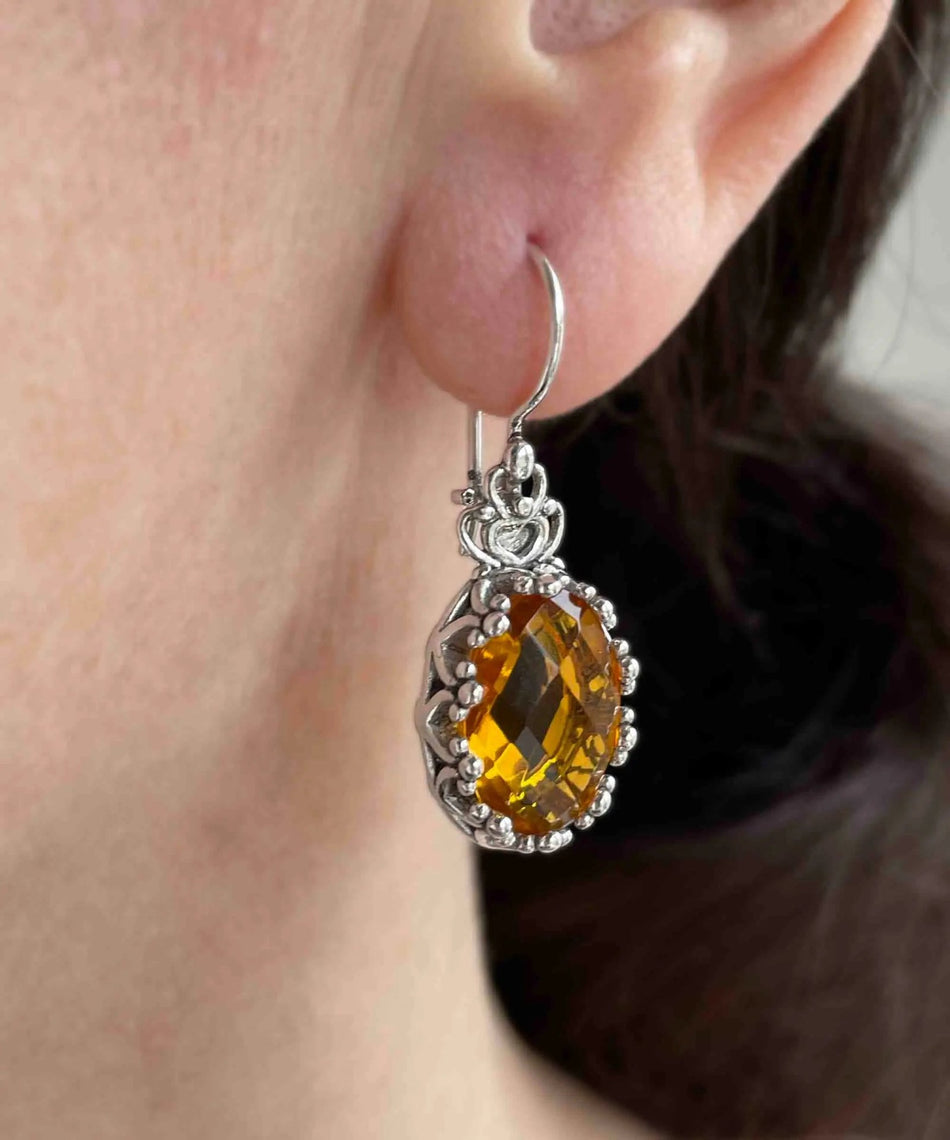 Filigree Art Citrine Gemstone Crown Figured Women Silver Oval Drop Earrings - Drakoi Marketplace