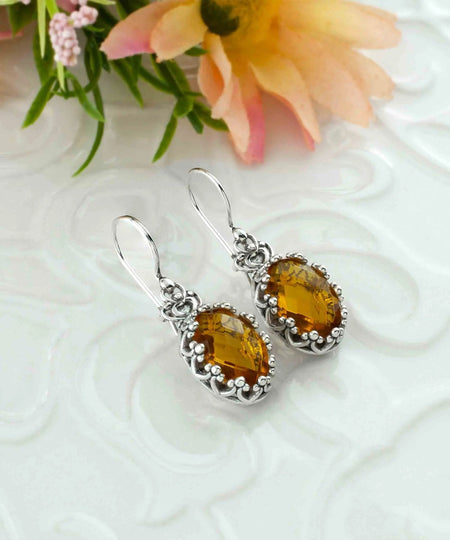 Filigree Art Citrine Gemstone Crown Figured Women Silver Oval Drop Earrings - Drakoi Marketplace