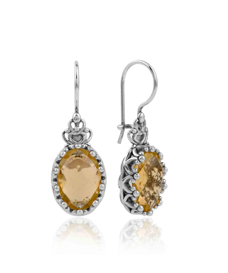 Filigree Art Citrine Gemstone Crown Figured Women Silver Oval Drop Earrings - Drakoi Marketplace