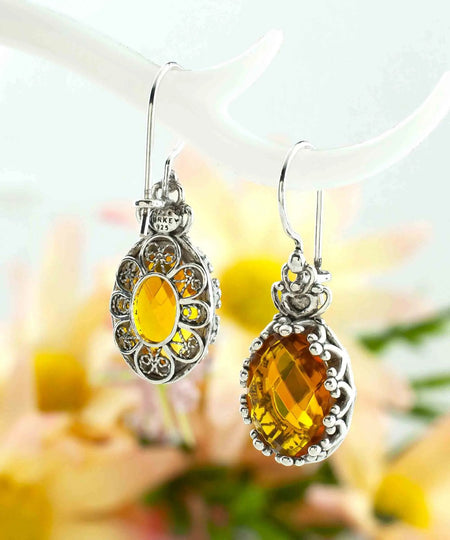 Filigree Art Citrine Gemstone Crown Figured Women Silver Oval Drop Earrings - Drakoi Marketplace