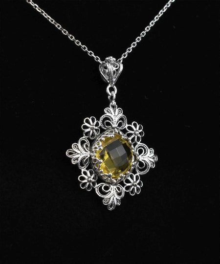 Filigree Art Citrine Gemstone Daisy Design Women Silver Pendant Necklace - Drakoi Marketplace