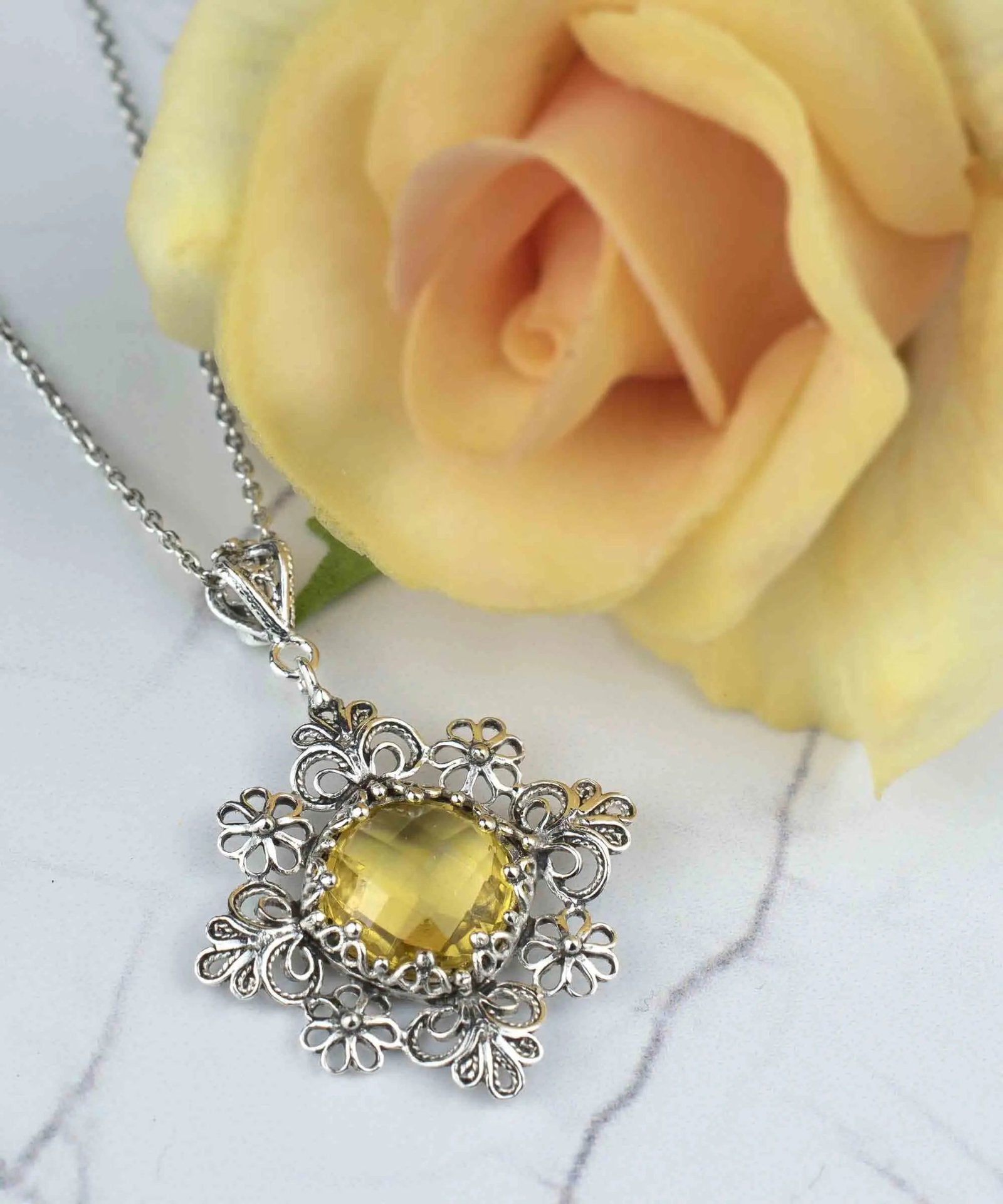 Filigree Art Citrine Gemstone Daisy Design Women Silver Pendant Necklace - Drakoi Marketplace