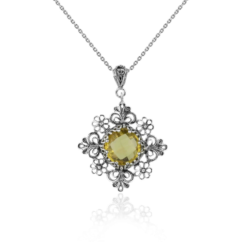 Filigree Art Citrine Gemstone Daisy Design Women Silver Pendant Necklace - Drakoi Marketplace