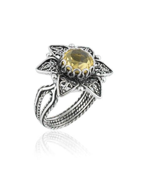 Filigree Art Citrine Gemstone Daisy Flower Women Silver Cocktail Ring - Drakoi Marketplace