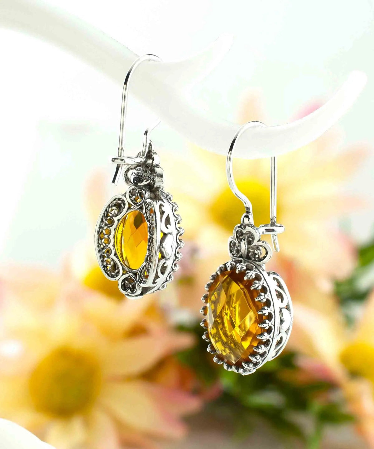 Filigree Art Citrine Gemstone Heart Detailed Women Silver Oval Drop Earrings - Drakoi Marketplace