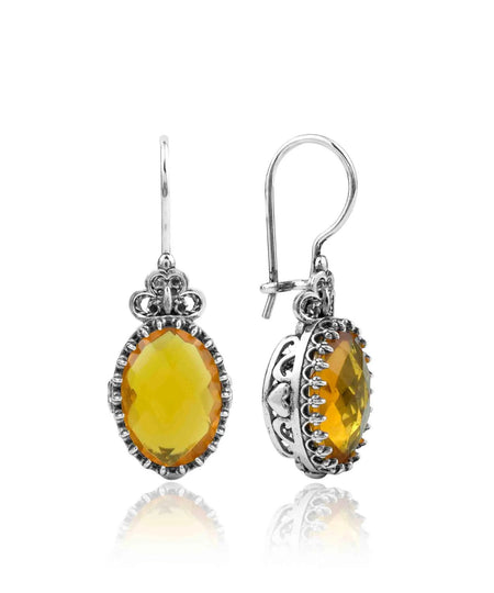 Filigree Art Citrine Gemstone Heart Detailed Women Silver Oval Drop Earrings - Drakoi Marketplace