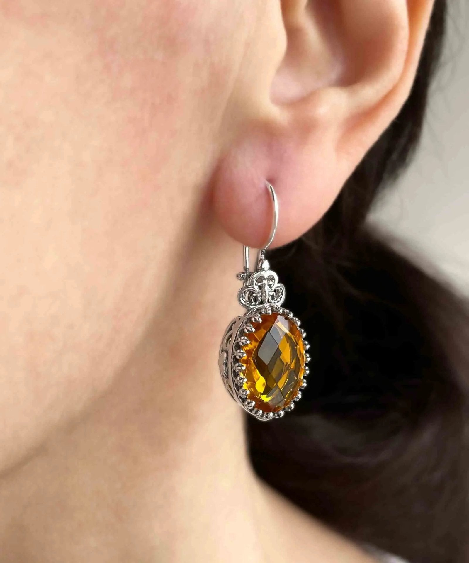 Filigree Art Citrine Gemstone Heart Detailed Women Silver Oval Drop Earrings - Drakoi Marketplace