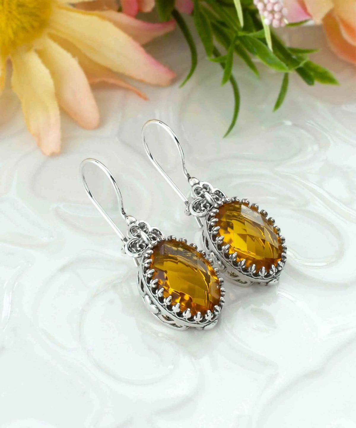 Filigree Art Citrine Gemstone Heart Detailed Women Silver Oval Drop Earrings - Drakoi Marketplace