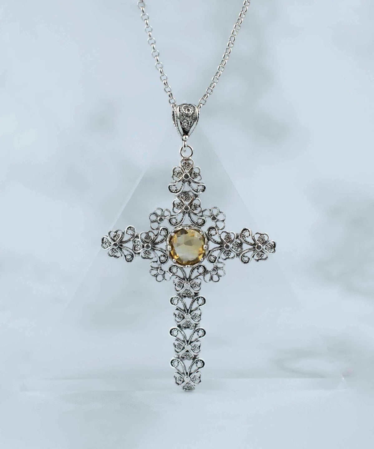 Filigree Art Citrine Gemstone Silver Cross Design Women Pendant Necklace - Drakoi Marketplace