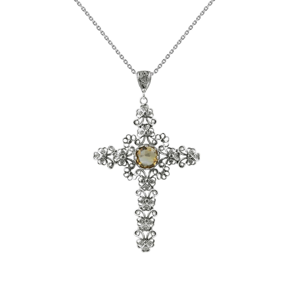 Filigree Art Citrine Gemstone Silver Cross Design Women Pendant Necklace - Drakoi Marketplace