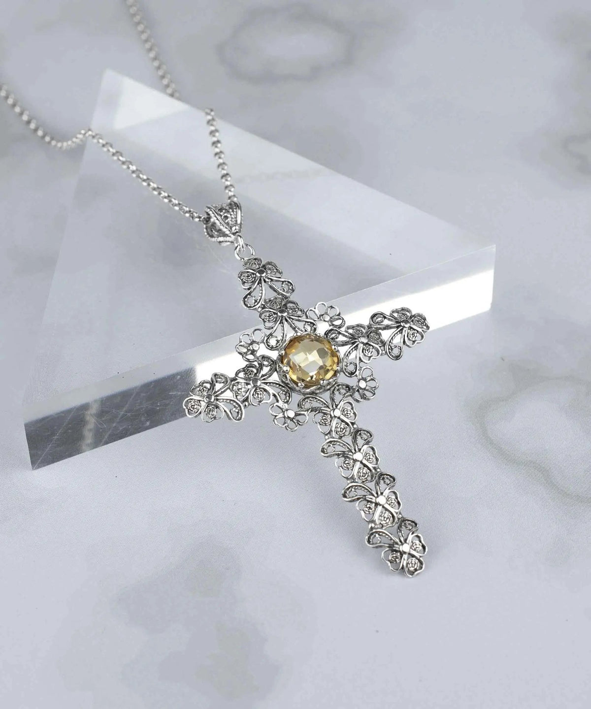 Filigree Art Citrine Gemstone Silver Cross Design Women Pendant Necklace - Drakoi Marketplace