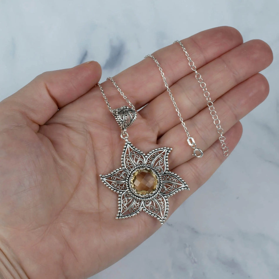 Filigree Art Citrine Gemstone Star Design Women Silver Pendant Necklace - Drakoi Marketplace