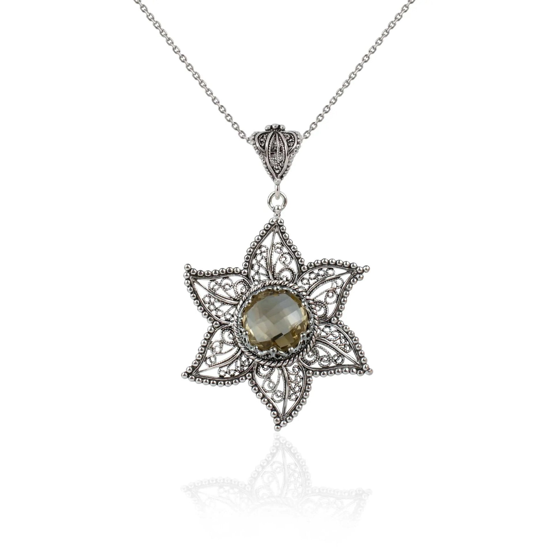 Filigree Art Citrine Gemstone Star Design Women Silver Pendant Necklace - Drakoi Marketplace