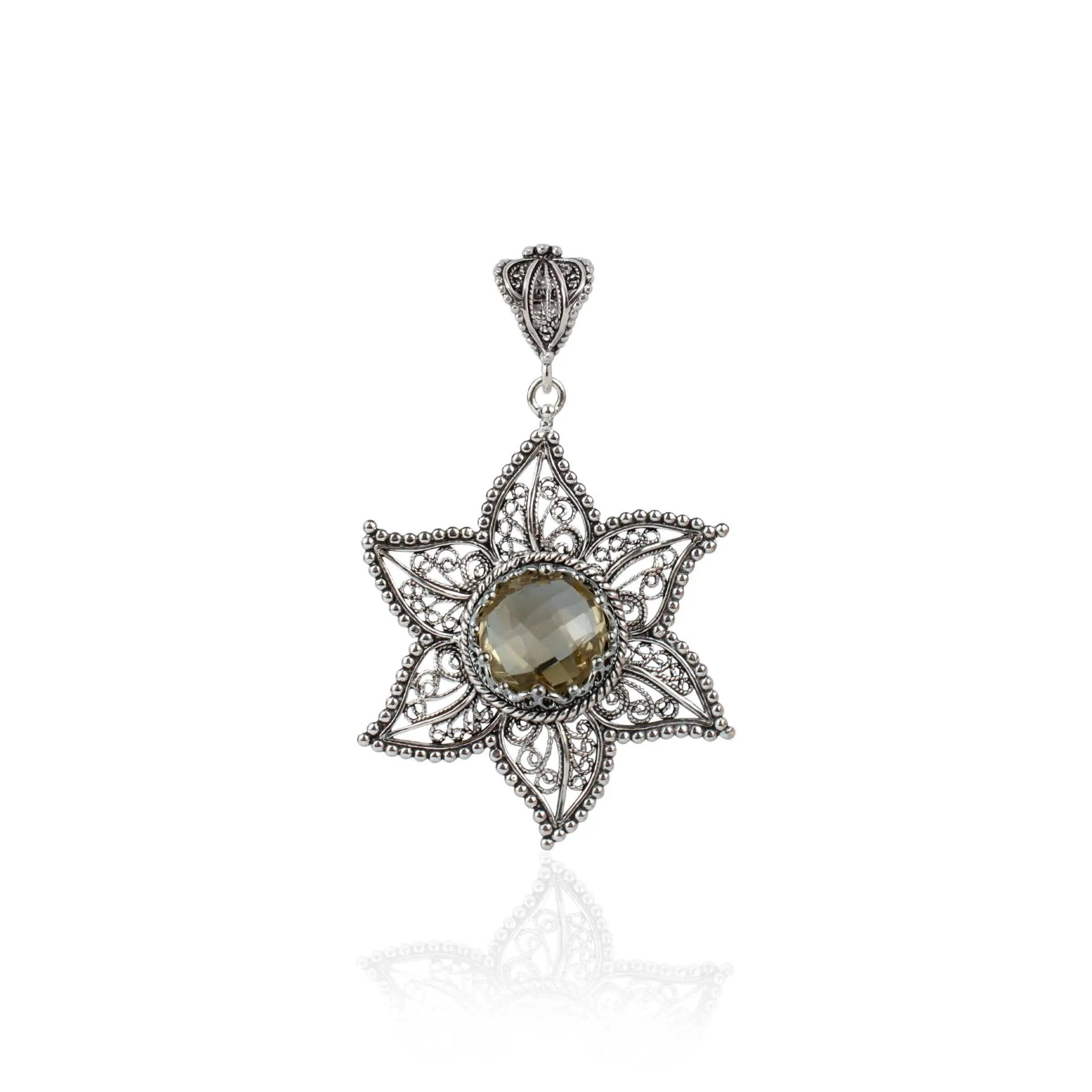 Filigree Art Citrine Gemstone Star Design Women Silver Pendant Necklace - Drakoi Marketplace