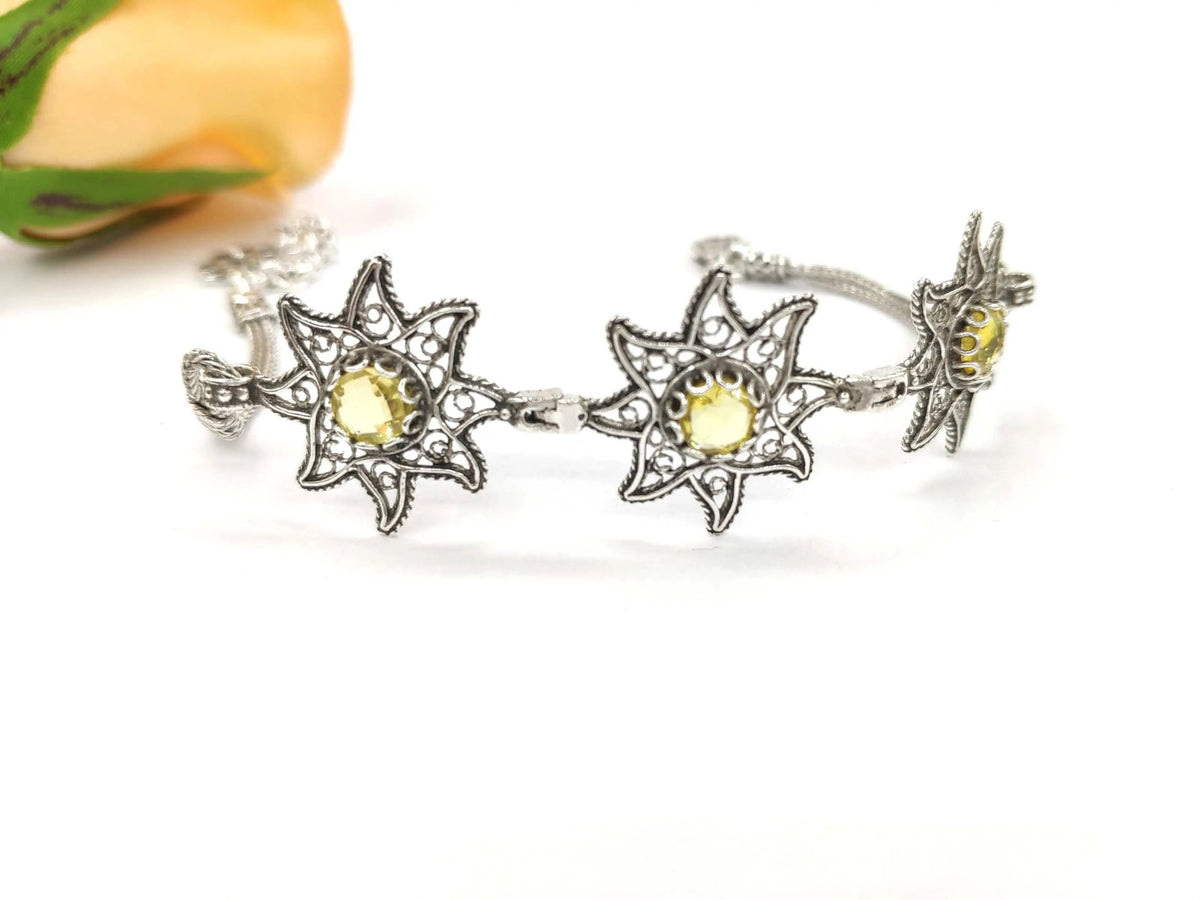 Filigree Art Citrine Gemstone Star Figured Women Silver Link Bracelet - Drakoi Marketplace