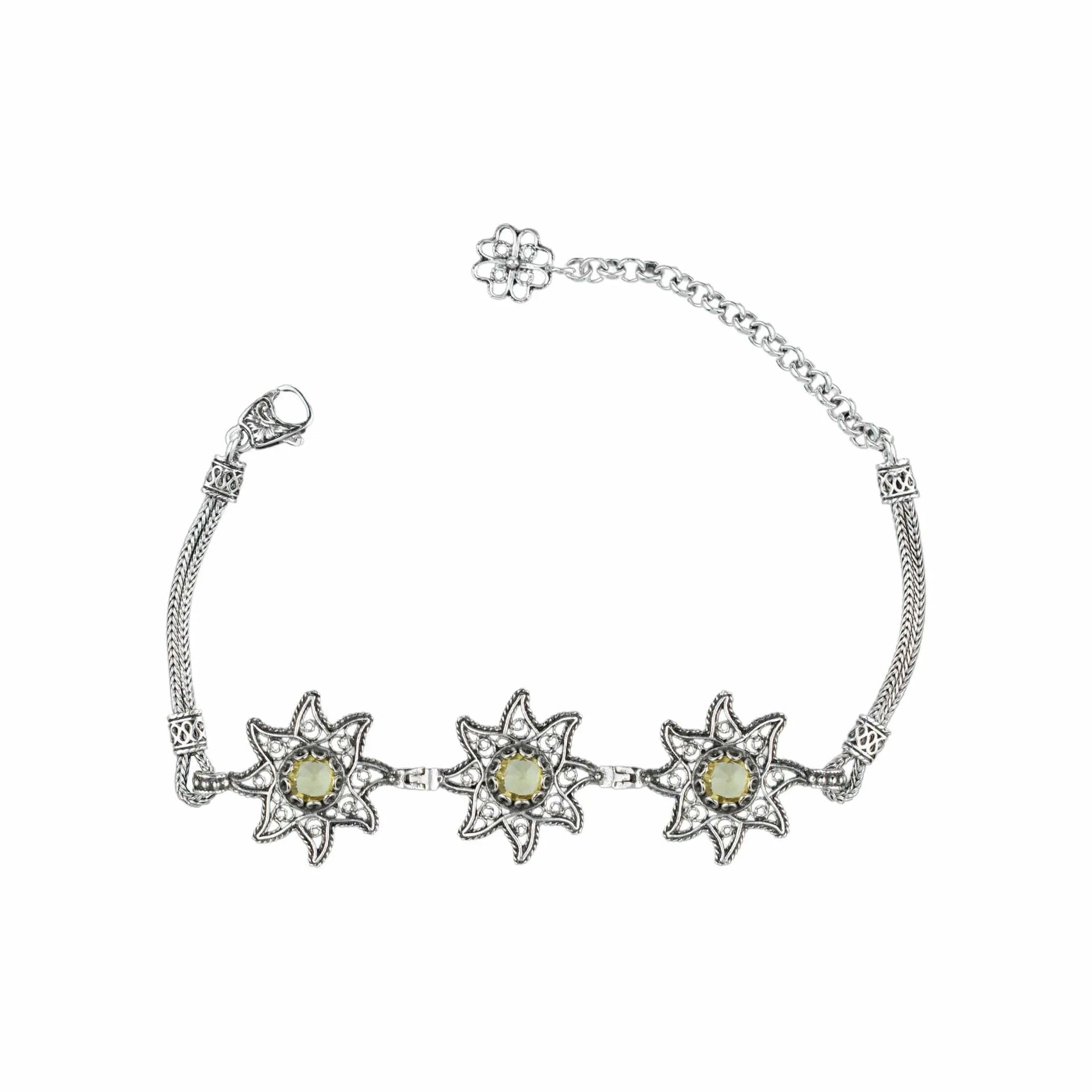 Filigree Art Citrine Gemstone Star Figured Women Silver Link Bracelet - Drakoi Marketplace