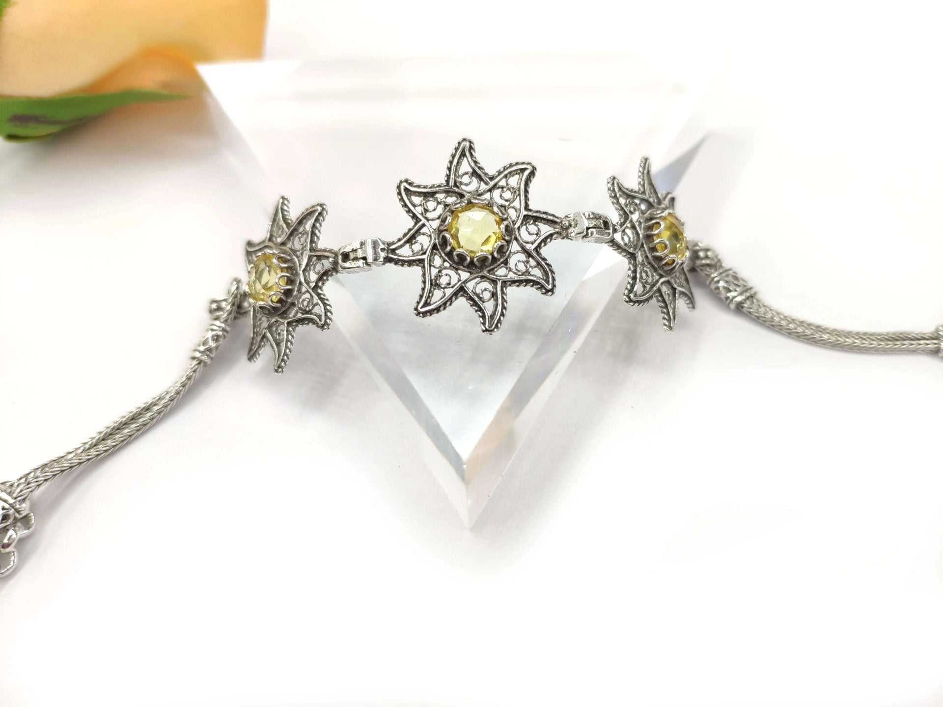 Filigree Art Citrine Gemstone Star Figured Women Silver Link Bracelet - Drakoi Marketplace