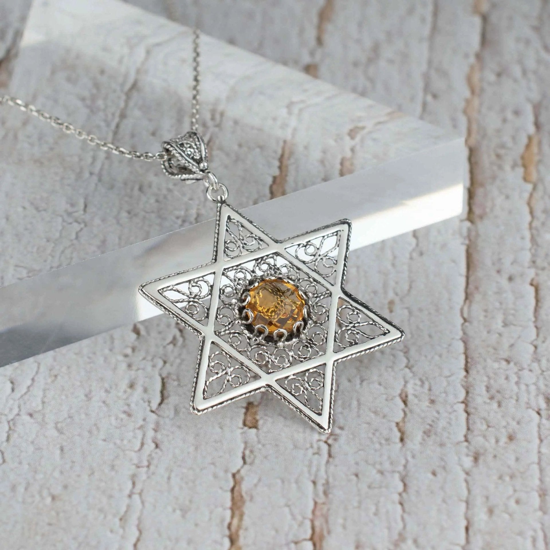 Filigree Art Citrine Gemstone Star of David Women Silver Pendant Necklace - Drakoi Marketplace