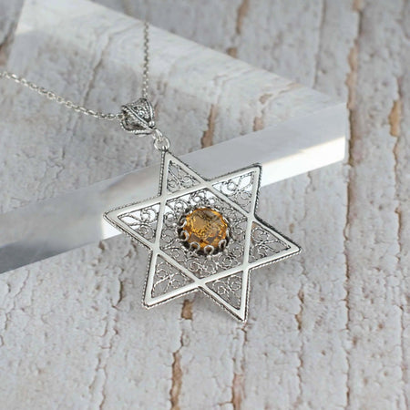 Filigree Art Citrine Gemstone Star of David Women Silver Pendant Necklace - Drakoi Marketplace